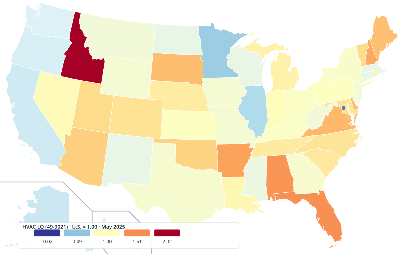 Choropleth map of HVAC mechanics location quotient by state, OEWS May 2025