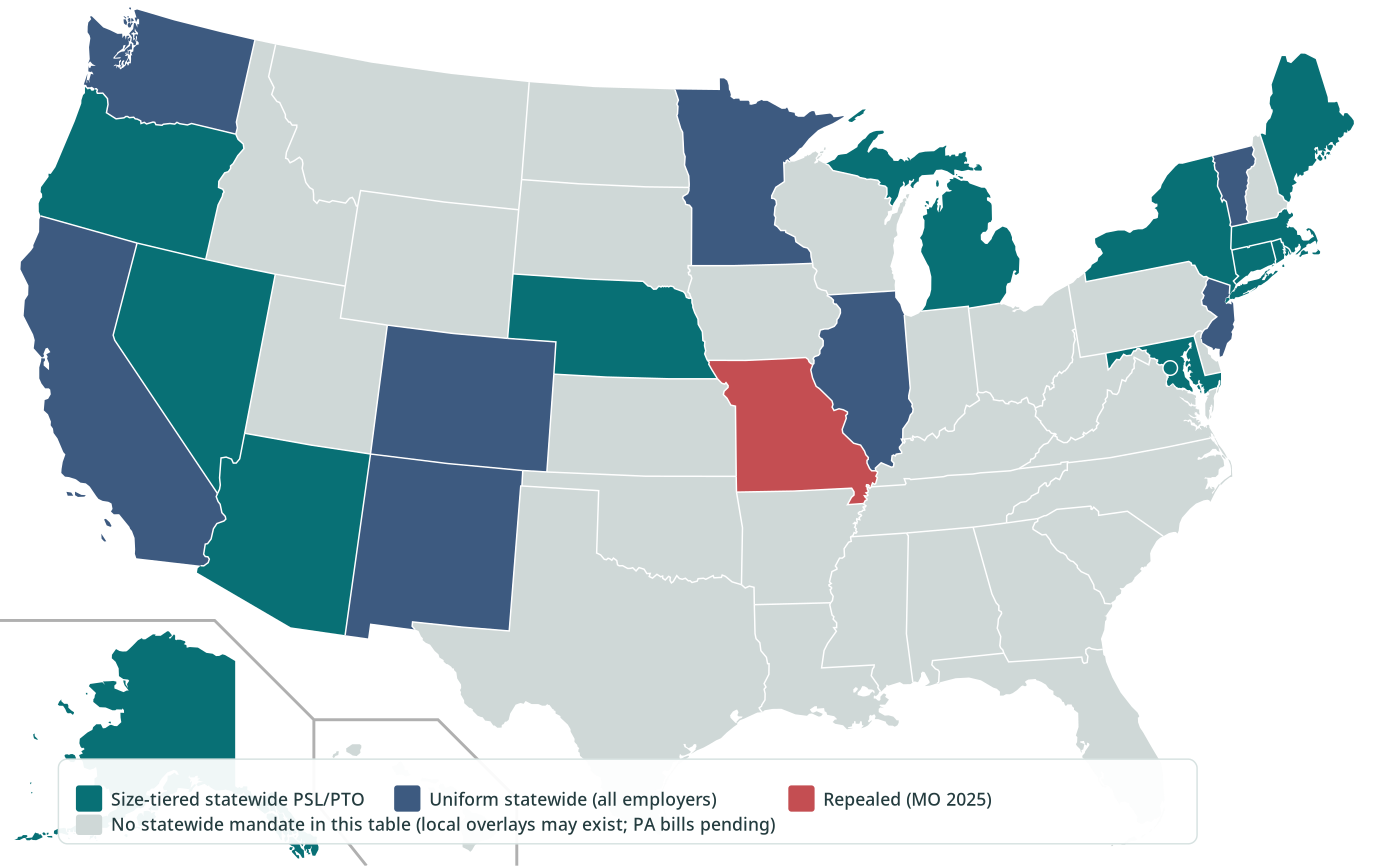 U.S. map of statewide paid sick leave employer-size threshold regimes as of September 18, 2026