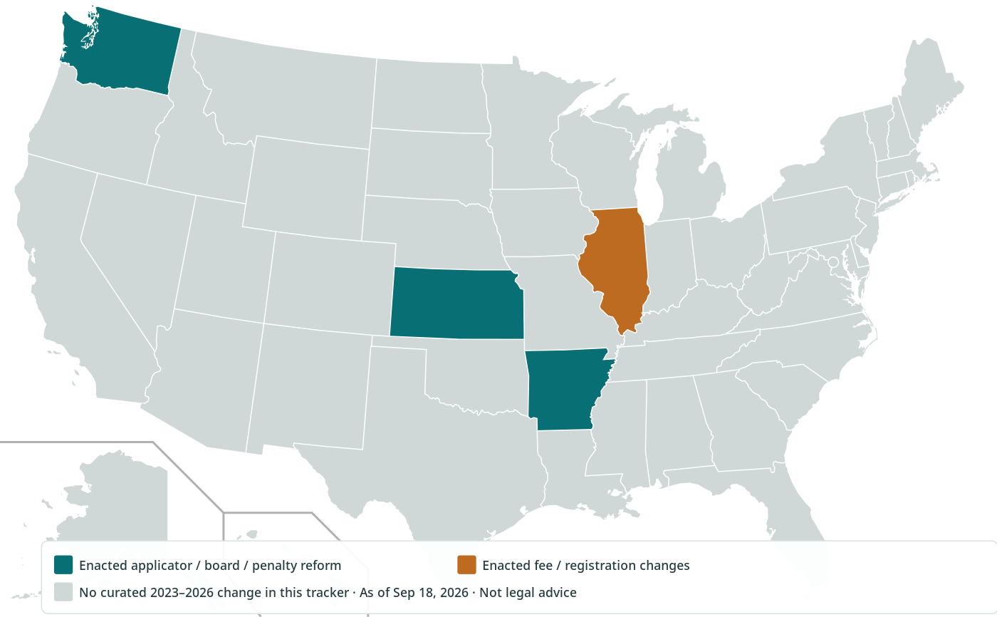 U.S. map of pest control and pesticide applicator law changes landscapers must track 2023 to 2026