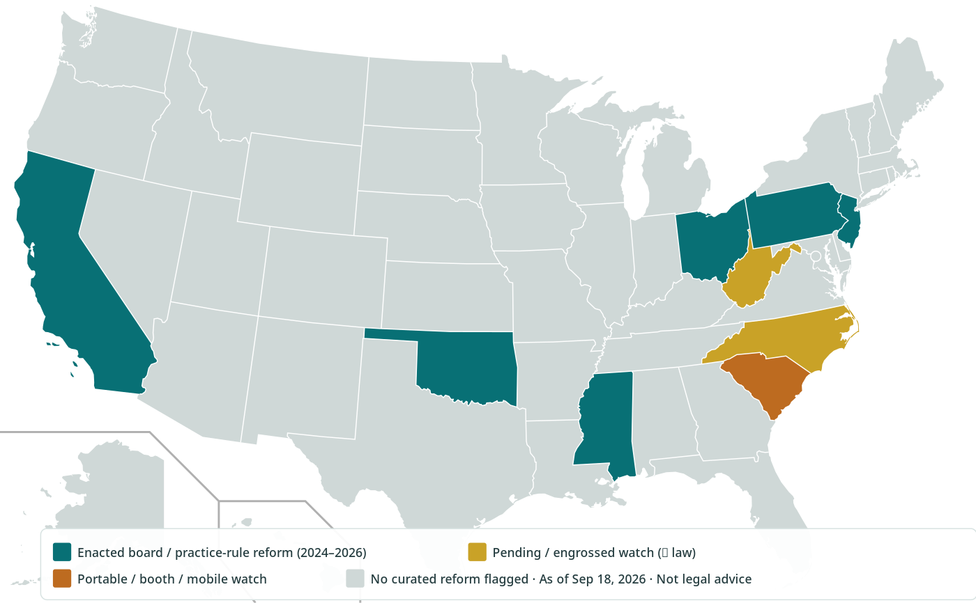 U.S. map of salon and barber board license rule reforms 2024 to 2026 as of September 18 2026