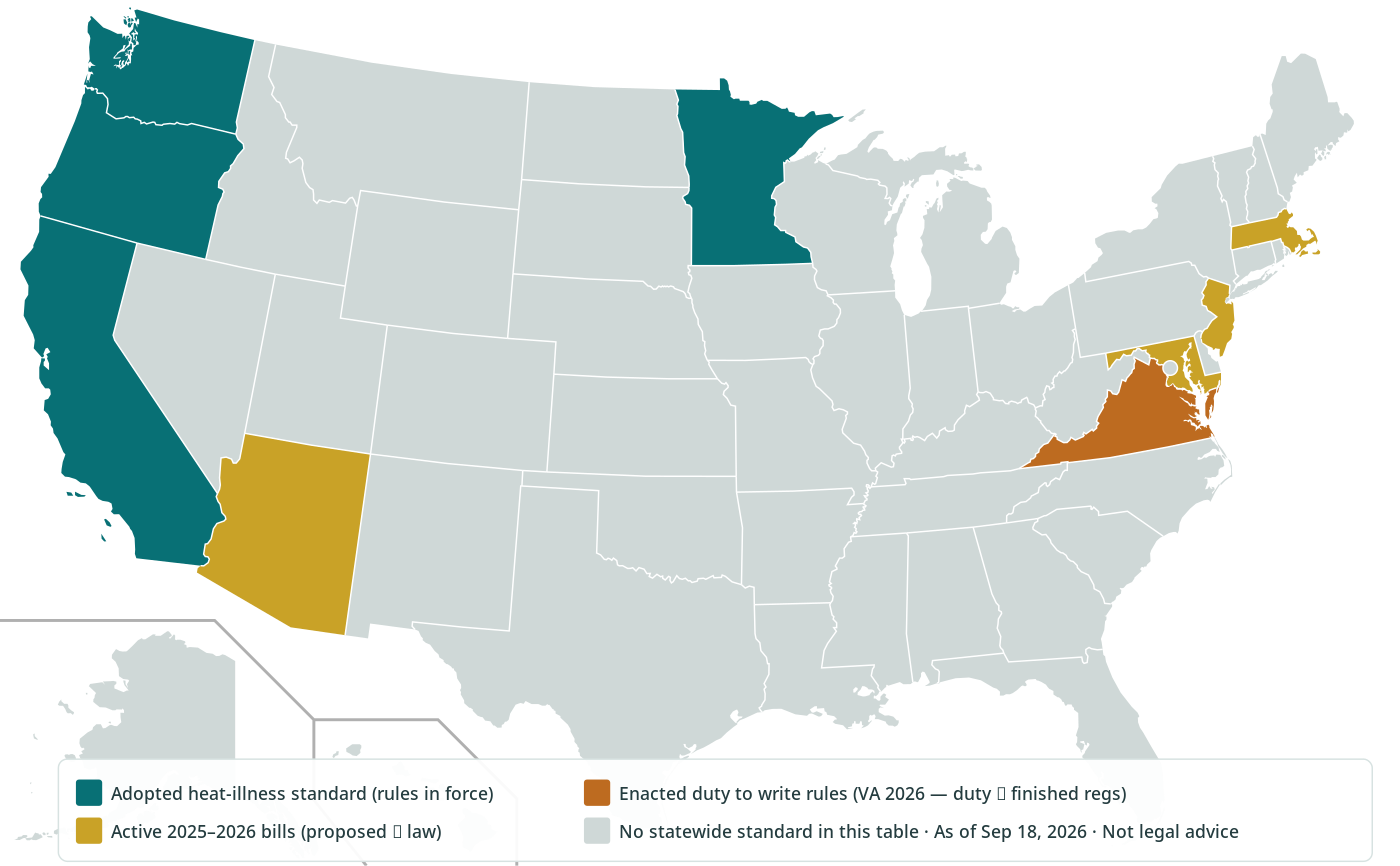 U.S. map of state heat-illness prevention standards status for outdoor service crews as of September 18 2026