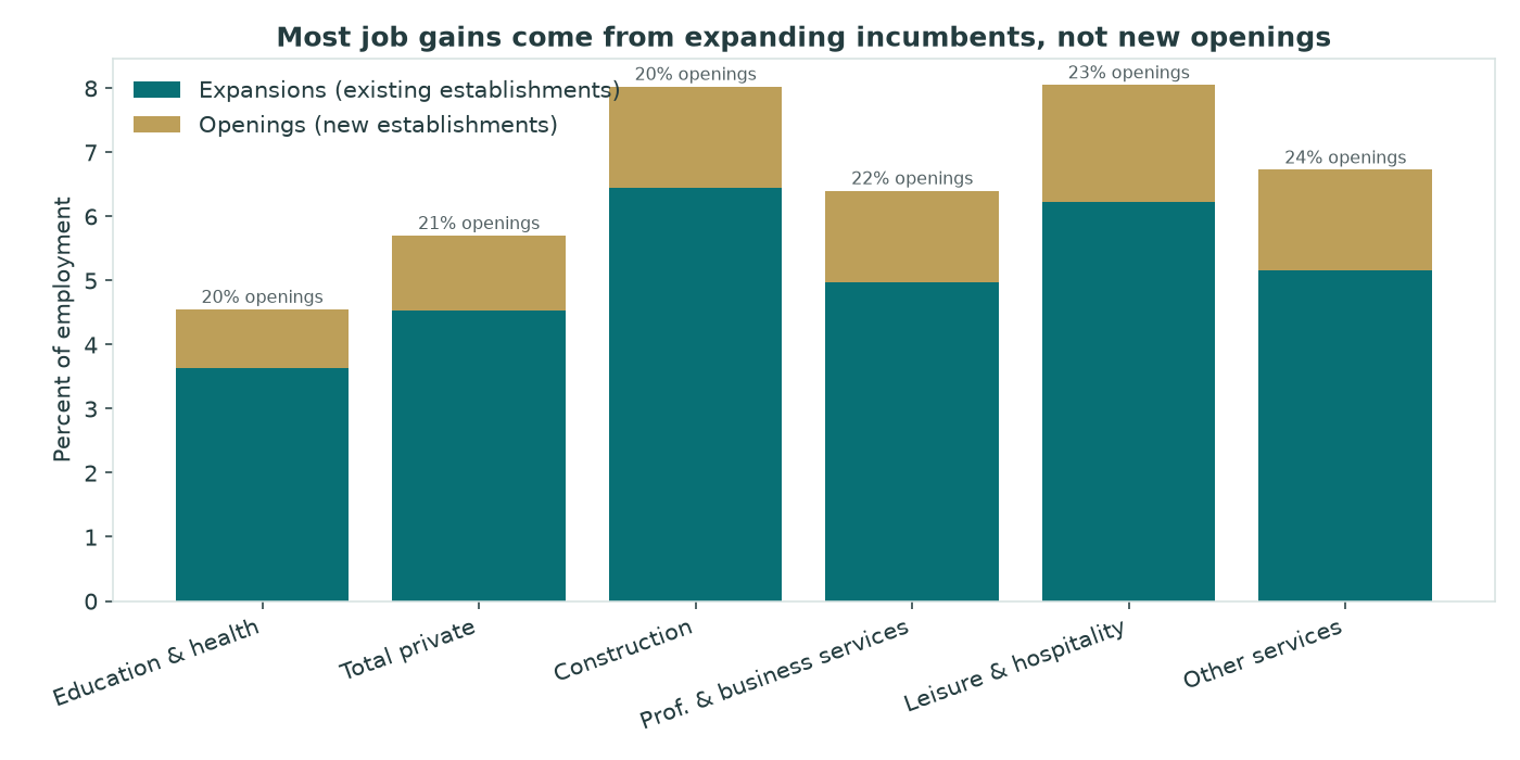 Stacked bar chart showing expansions dominate openings as sources of gross job gains across BED sectors in 2025