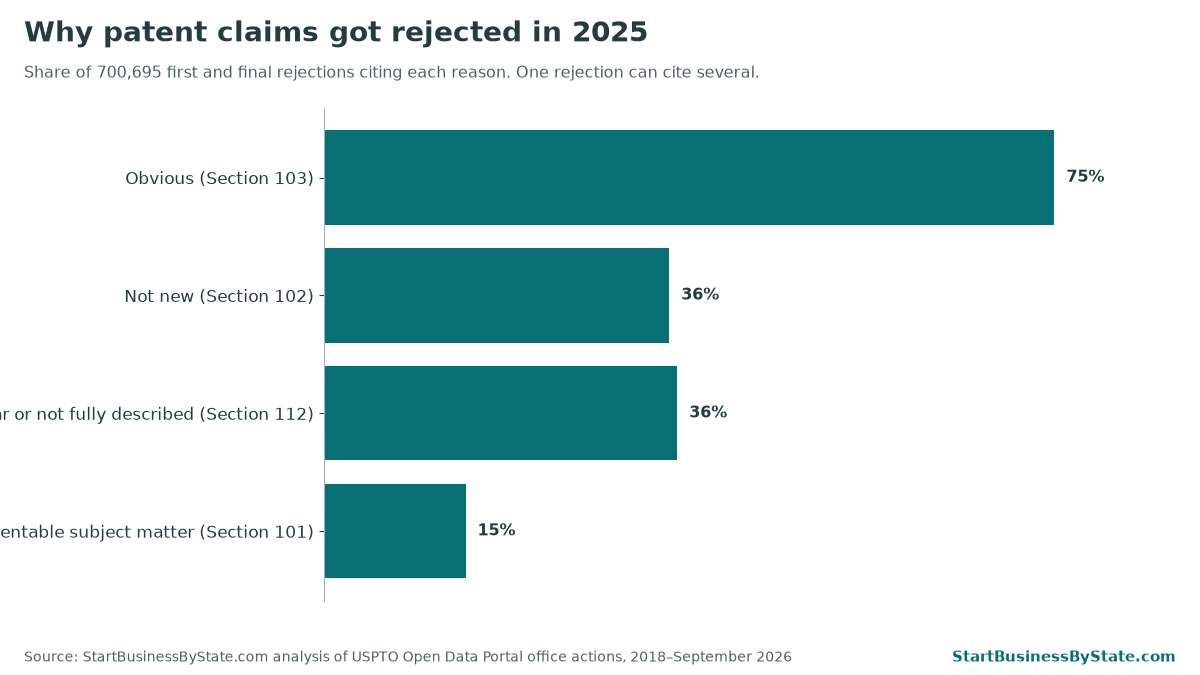 Bar chart of reasons cited in 2025 U.S. patent rejections: obvious 75%, not new 36%, unclear or not fully described 36%, not patentable subject matter 15%.
